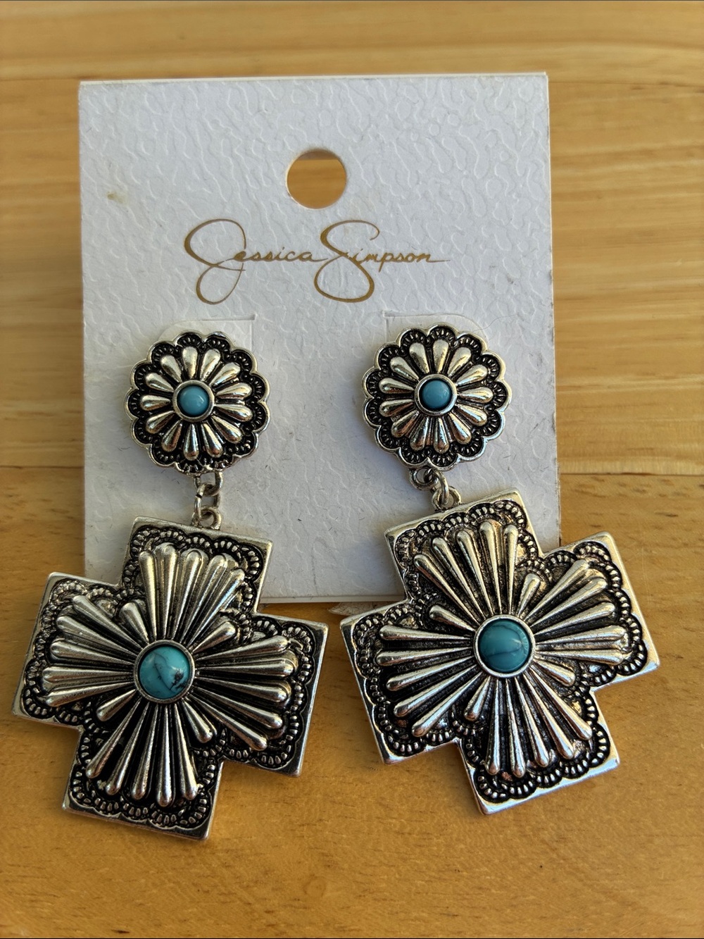 Jessica Simpson Silver-Tone Floral Cross Drop Earrings with Turquoise Accents